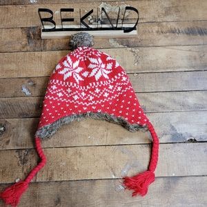 Massini red Snowflake Chullo, Faux Fur Trim Hat